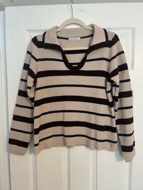 NWOT Zenana Beige Stripe V-Neck Collared Sweater